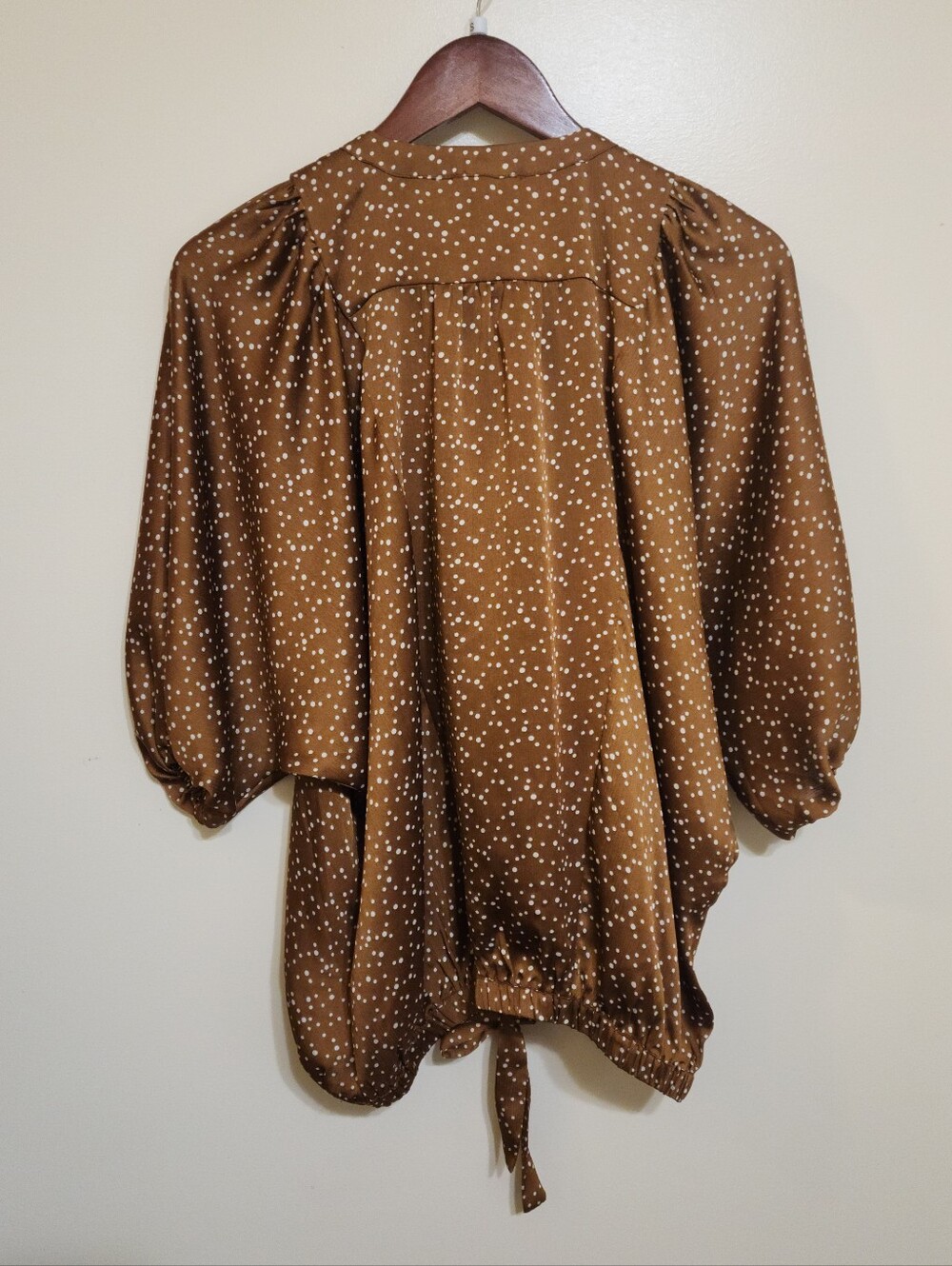 Puff Sleeve Top Women S Brown Polka Dot Bubble Print Satin Feel Oversided Easel - Picture 8 of 8